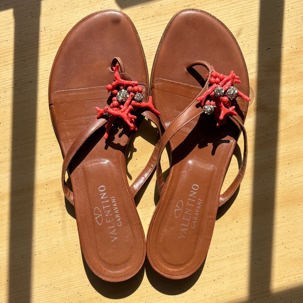 Valentino Garavani Red Coral Embellished Leather Sandals - Size 36.5/US Size 6.5
